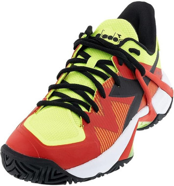 Diadora Men's B.Icon 2 All Ground Tennis Shoe (Yellow Flou DD/Black/Fiery Red)